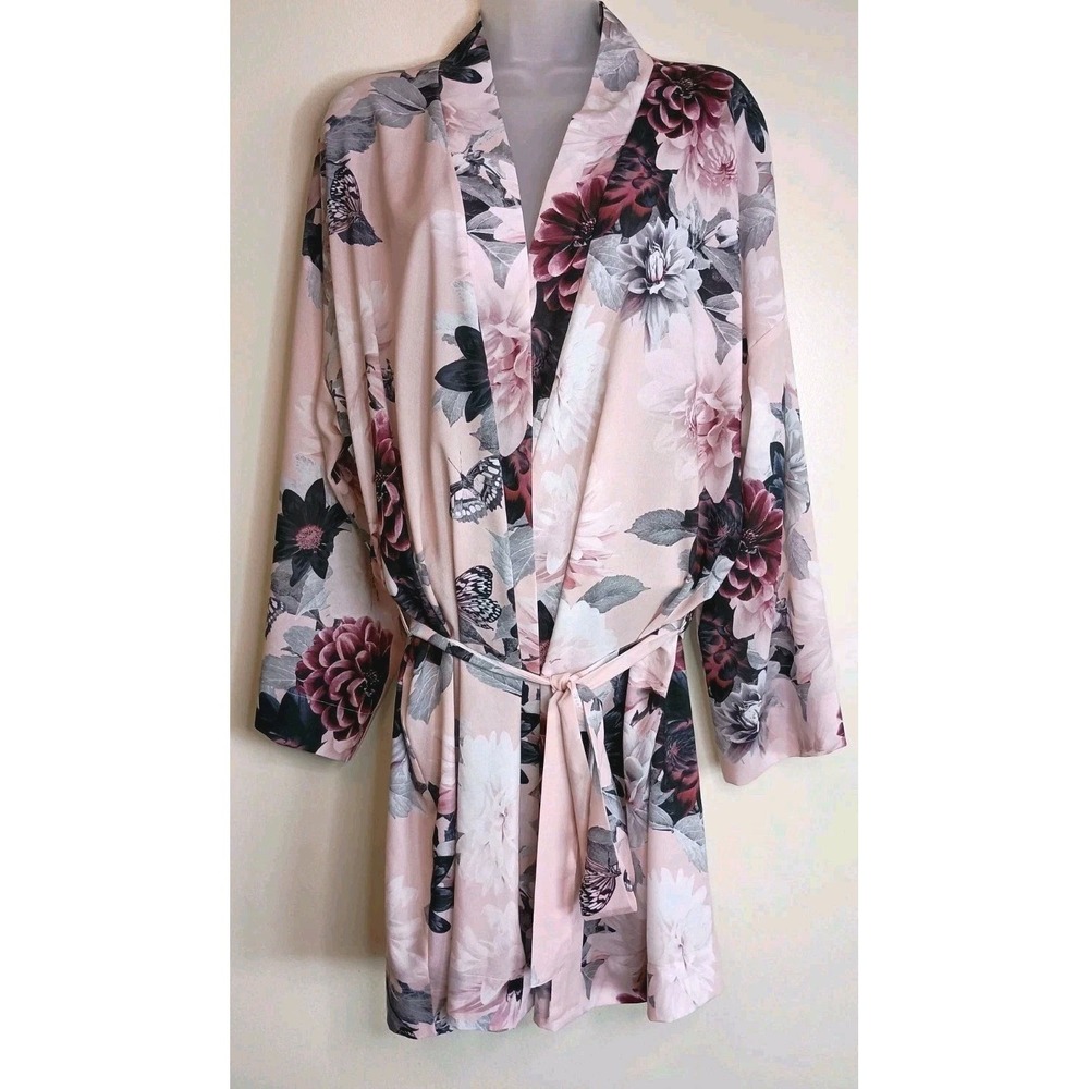 Cacique Floral Kimono Satin Short Robe Wrap Blush Pink Butterfly  Women's 14/16